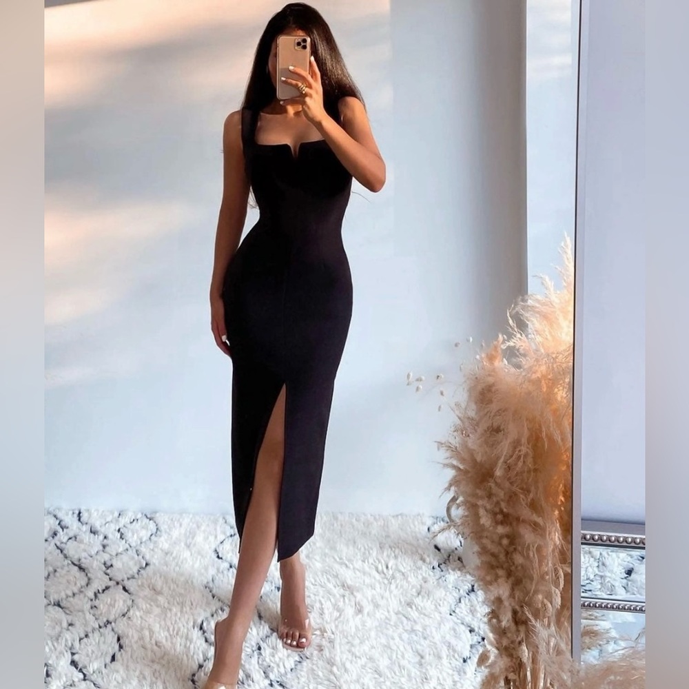 NWT Zara Women Black Square Neck Slim Dress